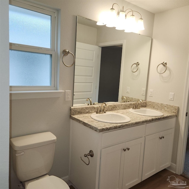 bathroom featuring hardwood / wood-style flooring, vanity, and toilet