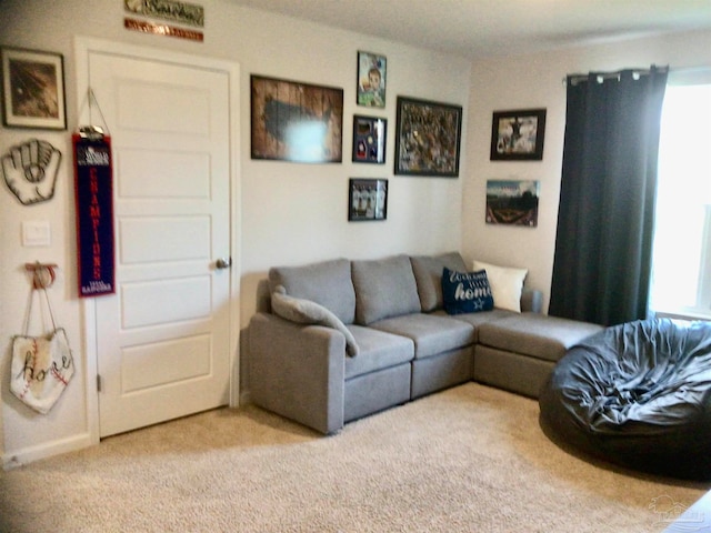 living room featuring light carpet