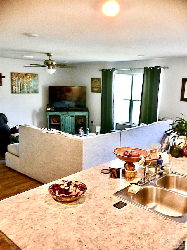 dining space featuring hardwood / wood-style floors, ceiling fan, and sink