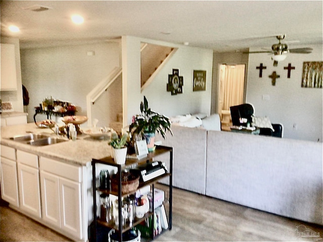 kitchen featuring ceiling fan, white cabinetry, and sink