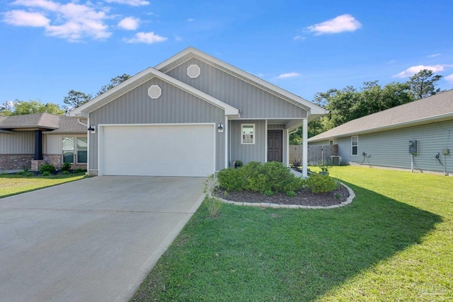 ranch-style house featuring a front lawn, driveway, fence, and a garage