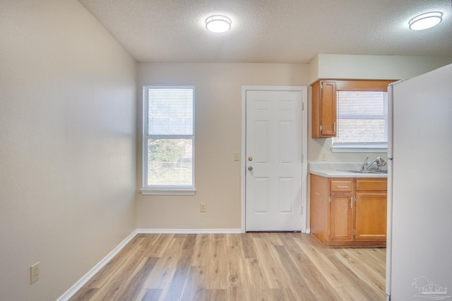 kitchen with a textured ceiling, light hardwood / wood-style floors, and sink