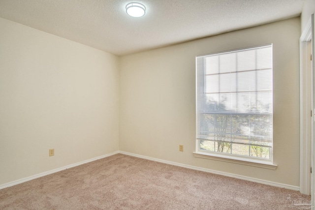 empty room with light carpet and a textured ceiling