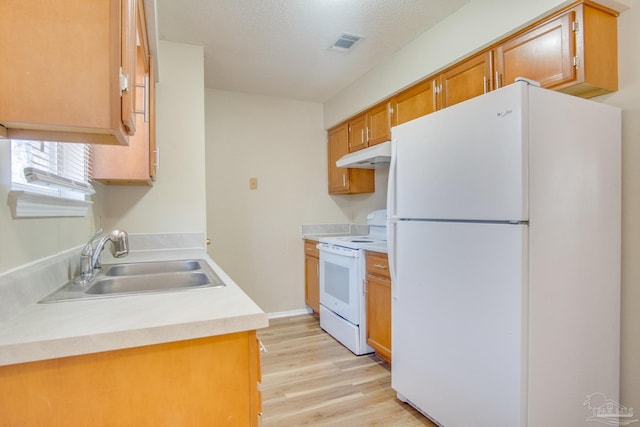 kitchen with a textured ceiling, light hardwood / wood-style floors, white appliances, and sink