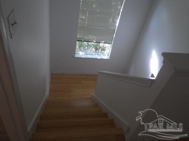 stairway featuring wood-type flooring