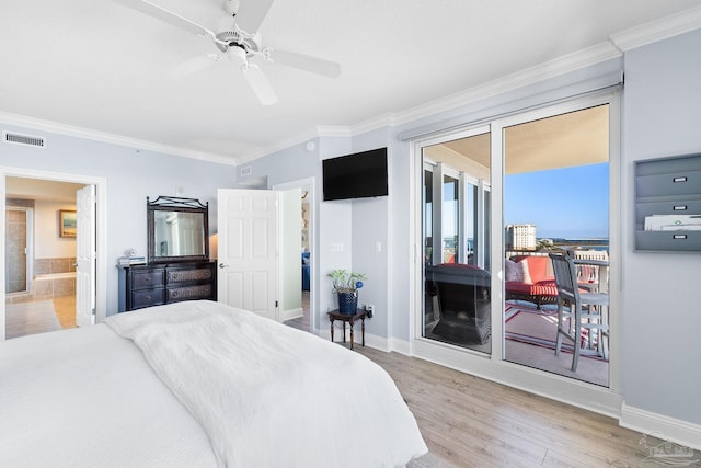 bedroom featuring access to outside, visible vents, light wood-style flooring, and crown molding