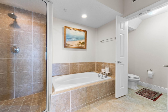 full bath with toilet, tile patterned flooring, a shower stall, and a bath