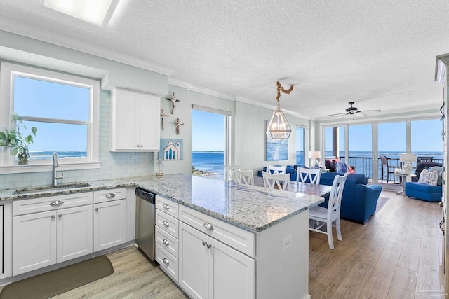 kitchen with a peninsula, a water view, white cabinets, and stainless steel dishwasher