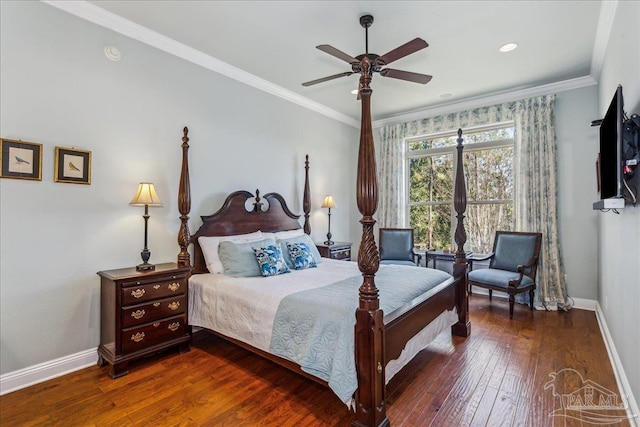 bedroom with ornamental molding, ceiling fan, hardwood / wood-style floors, and baseboards