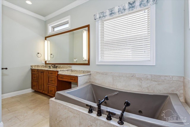 full bath featuring baseboards, ornamental molding, a bath, and vanity