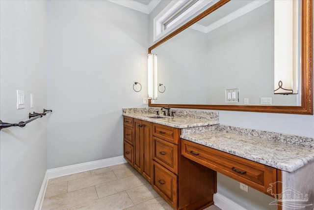 bathroom featuring crown molding, tile patterned floors, vanity, and baseboards