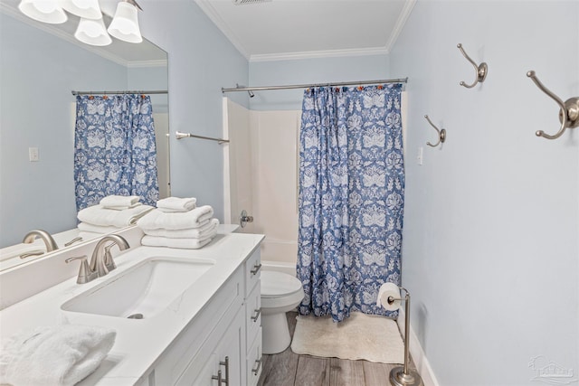 full bathroom with hardwood / wood-style flooring, toilet, shower / bath combination with curtain, vanity, and ornamental molding