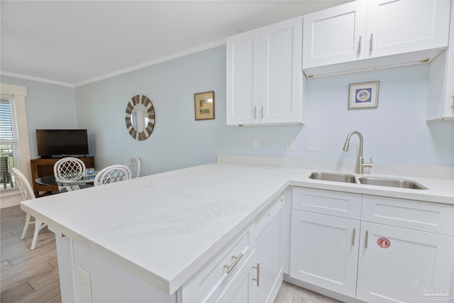 kitchen featuring light wood-type flooring, white cabinetry, kitchen peninsula, and sink