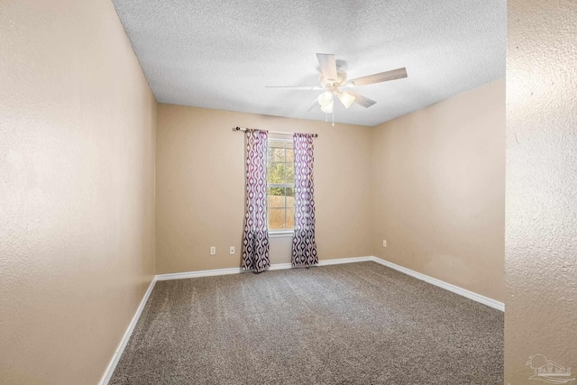 unfurnished room featuring carpet flooring, ceiling fan, and a textured ceiling