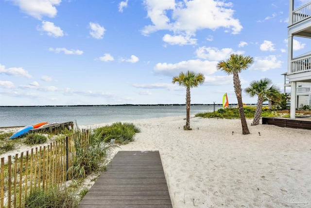 view of water feature with a beach view