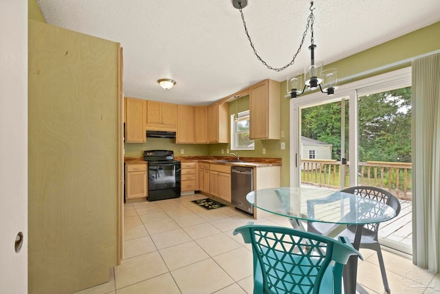 kitchen with black electric range oven, light brown cabinets, hanging light fixtures, stainless steel dishwasher, and a notable chandelier