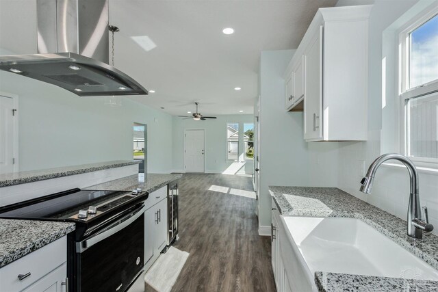 kitchen featuring a wealth of natural light, electric stove, dark hardwood / wood-style floors, and island range hood