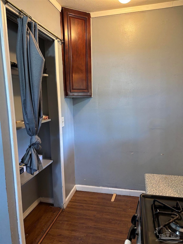 interior space featuring dark hardwood / wood-style flooring and ornamental molding