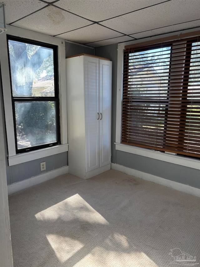 unfurnished bedroom featuring carpet flooring and a drop ceiling