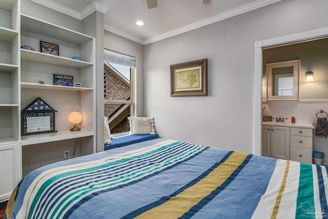 bedroom with sink, ornamental molding, and ceiling fan