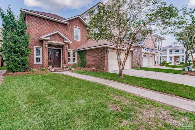 view of front of house with a garage and a front lawn