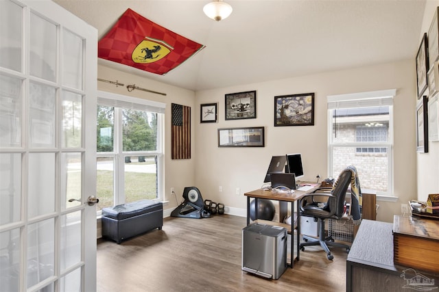 office area with french doors, wood finished floors, and baseboards