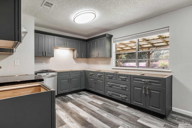7125 Ben Sasser Dr, Pensacola, FL 32526 - kitchen featuring gray cabinetry, light wood-style floors, a textured ceiling, and stainless steel dishwasher