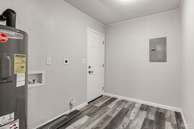 7125 Ben Sasser Dr, Pensacola, FL 32526 - laundry area featuring electric panel, water heater, electric dryer hookup, crown molding, and washer hookup
