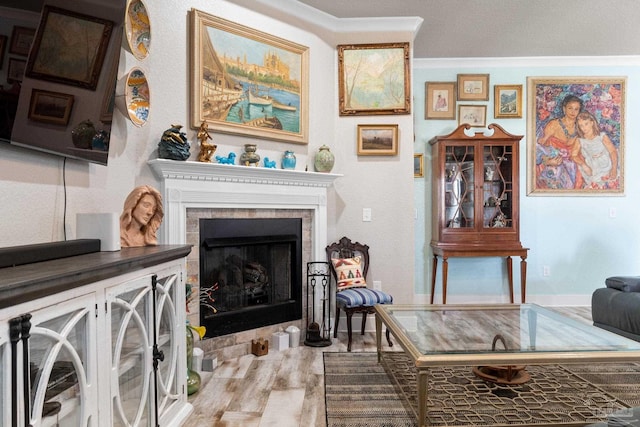 2420 Okatie Ln, Cantonment, FL 32533 - living area featuring a fireplace, wood finished floors, and ornamental molding