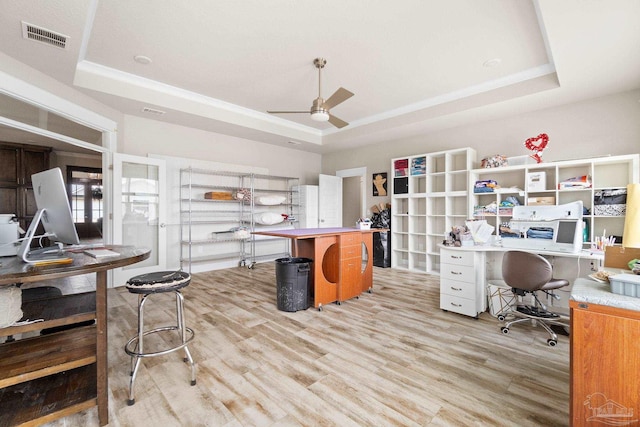 2420 Okatie Ln, Cantonment, FL 32533 - office featuring ceiling fan, light wood-style flooring, visible vents, and a raised ceiling