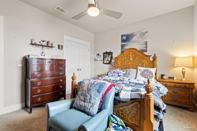 2420 Okatie Ln, Cantonment, FL 32533 - bedroom with baseboards, visible vents, a closet, ceiling fan, and carpet floors