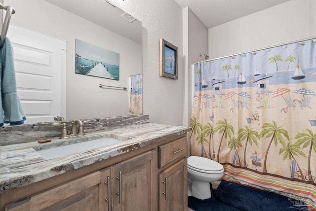2420 Okatie Ln, Cantonment, FL 32533 - bathroom featuring toilet, a textured wall, vanity, and curtained shower