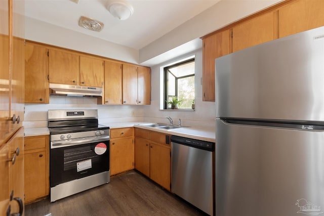 kitchen featuring dark wood-type flooring, sink, and stainless steel appliances