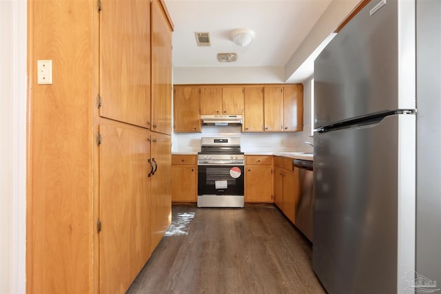 kitchen with dark wood-type flooring, appliances with stainless steel finishes, and sink