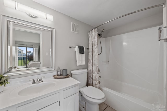 full bathroom with toilet, vanity, shower / bathtub combination with curtain, and tile patterned flooring