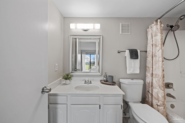 full bathroom featuring vanity, toilet, and shower / bathtub combination with curtain