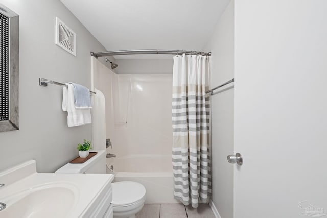 full bath featuring toilet, tile patterned flooring, shower / bathtub combination with curtain, and vanity