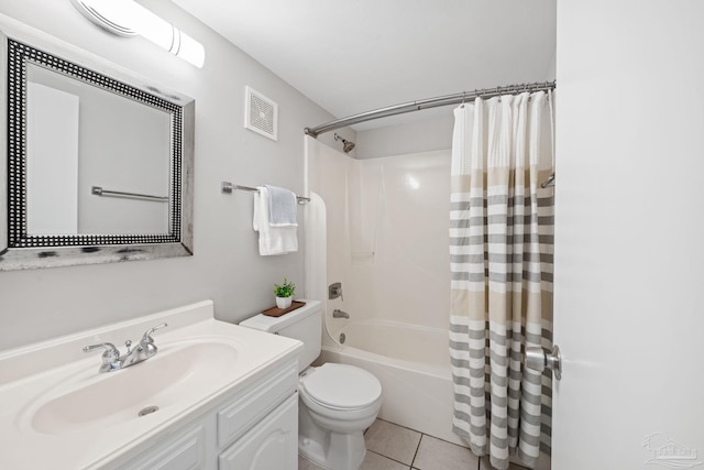 full bath with shower / tub combo with curtain, toilet, vanity, and tile patterned flooring