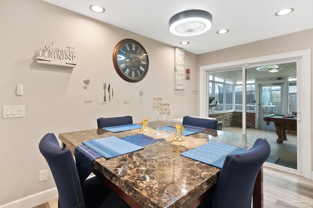 dining room featuring pool table, recessed lighting, baseboards, and light wood finished floors