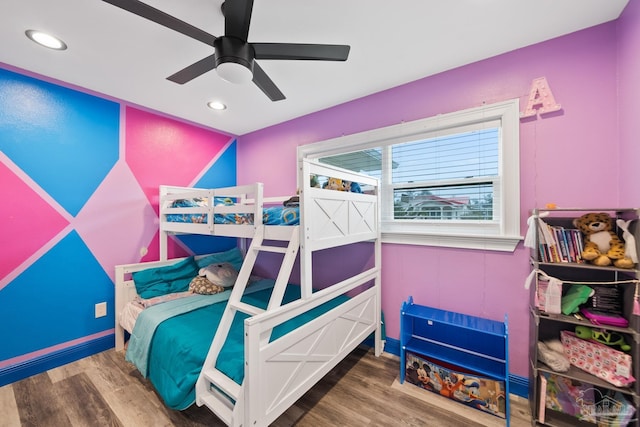 bedroom with recessed lighting, wood finished floors, and ceiling fan