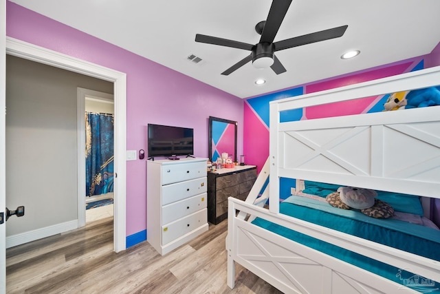 bedroom featuring visible vents, baseboards, recessed lighting, ceiling fan, and light wood-style floors