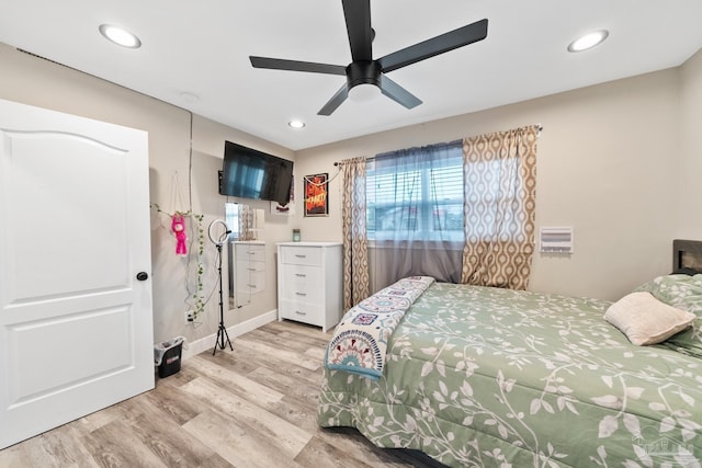 bedroom featuring recessed lighting, a ceiling fan, and wood finished floors