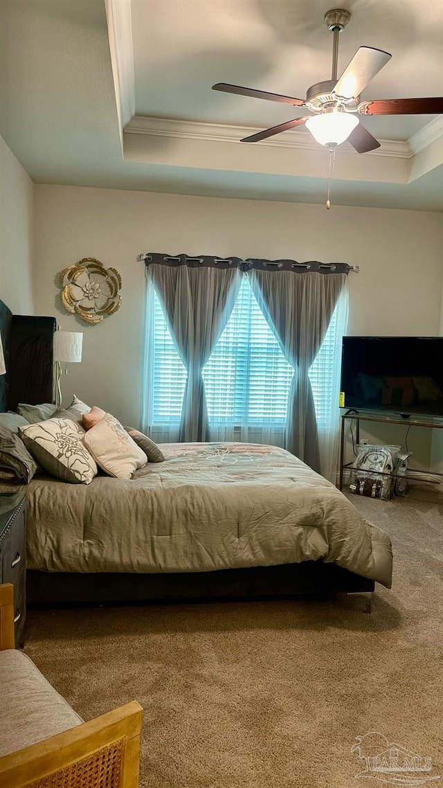 carpeted bedroom with ceiling fan, ornamental molding, and a tray ceiling