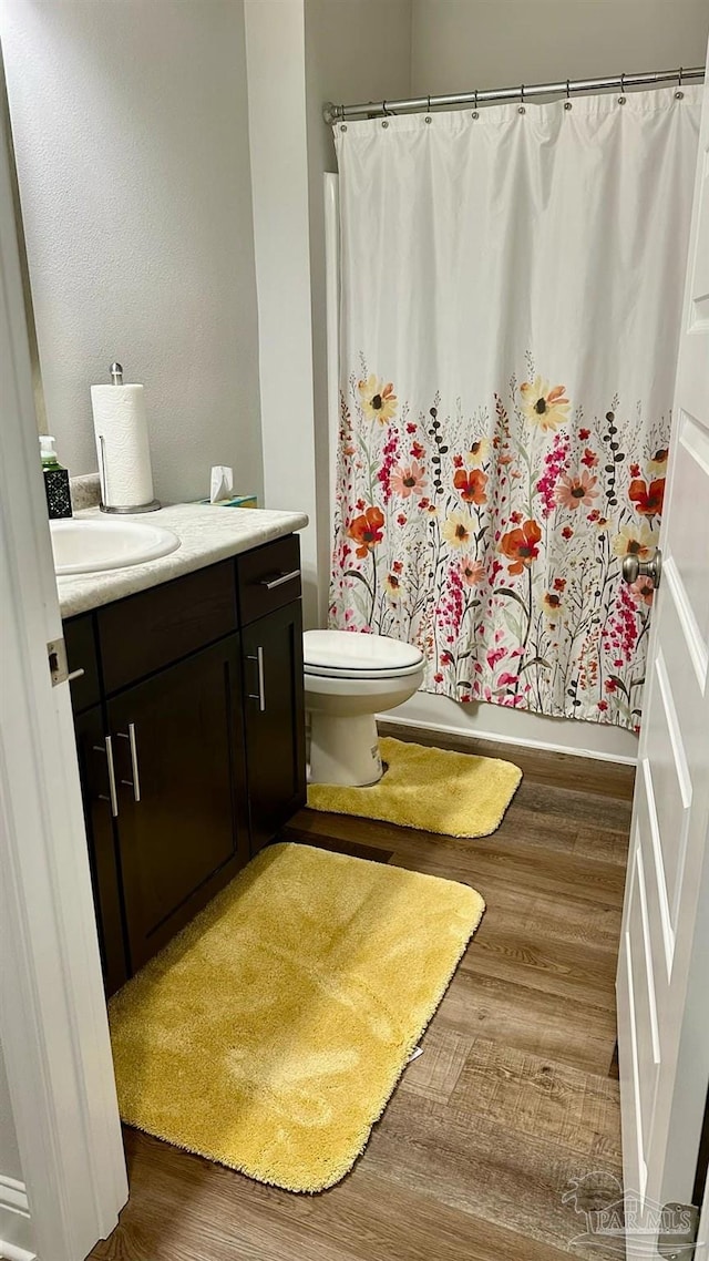 bathroom featuring hardwood / wood-style floors, toilet, and vanity