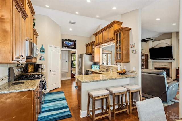 kitchen featuring light stone counters, lofted ceiling, and stainless steel appliances