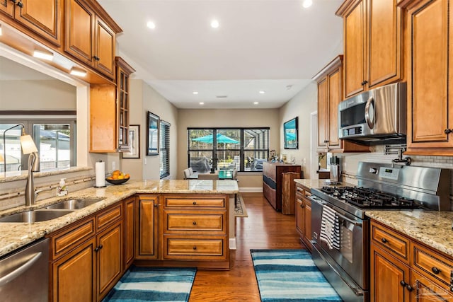 kitchen with dark wood-type flooring, sink, light stone counters, kitchen peninsula, and stainless steel appliances