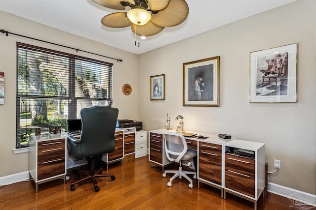 home office with dark hardwood / wood-style floors and ceiling fan