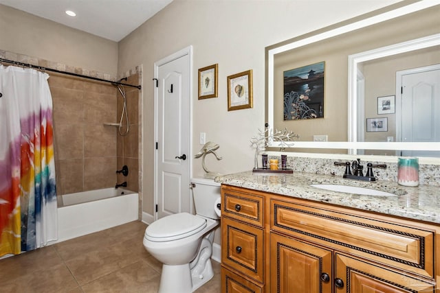 full bathroom featuring tile patterned flooring, shower / bath combo, vanity, and toilet