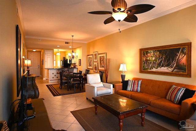 tiled living room featuring ceiling fan with notable chandelier and crown molding