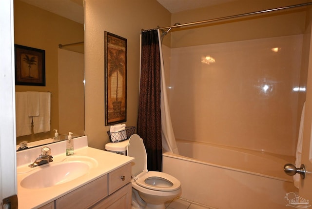 full bathroom featuring toilet, vanity, tile patterned floors, and shower / bathtub combination with curtain